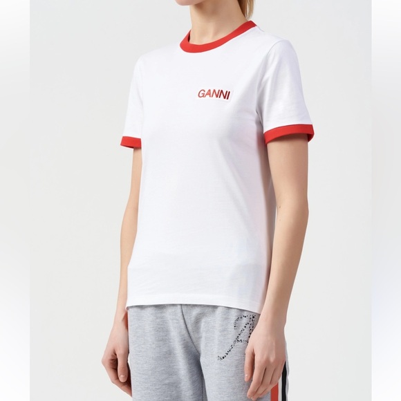 Ganni White Tee with Red Ringer Trim and Logo Ganni Patch, Sz Xsm - Picture 9 of 10